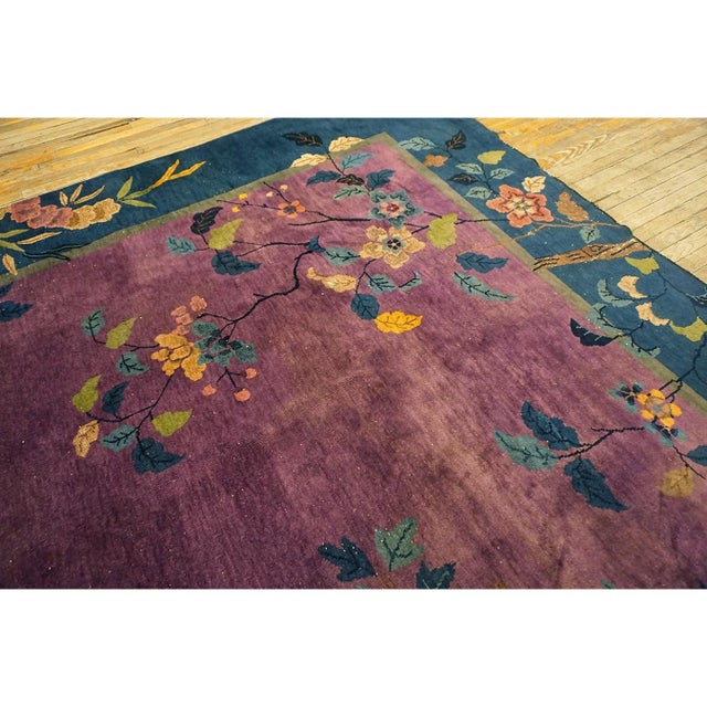 1920s Antique Purple Oriental Floral Chinese Handknotted Art Deco Wool Rug For Sale - Image 9 of 10