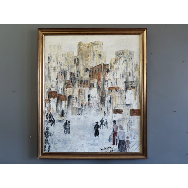 OLD TOWN REVERIE Size: 31.1 x 26.2 inches (including frame) Oil on Canvas A contemplative and nostalgic 20th century...