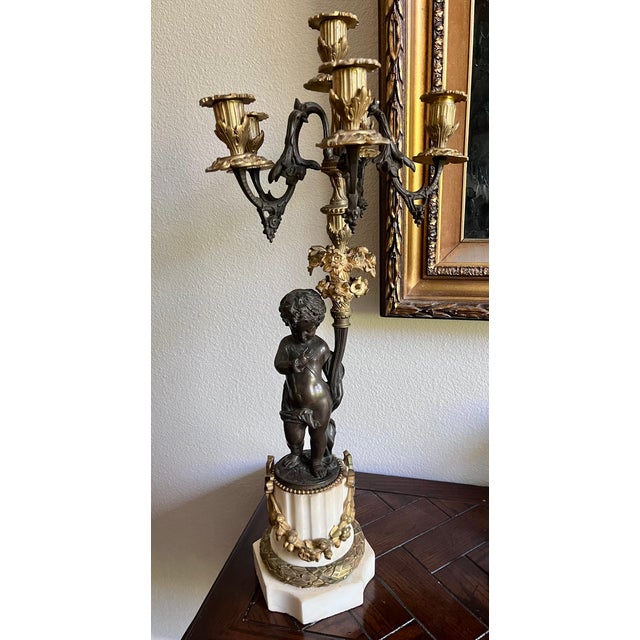 French 19th Century French Louis XVI Style Figural Bronze and Marble Candelabra - A Pair For Sale - Image 3 of 18