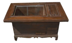 1950s Vintage Wood Japanese Keyaki Hibachi Ceremonial Tea Cabinet W/ Drawers/ Box Glass Top & Copper Lining