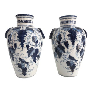 Antique Chinoiserie Flow Blue Porcelain Vases - a Pair For Sale