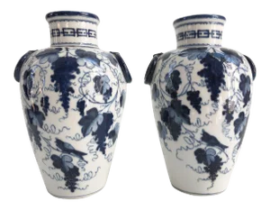 Antique Chinoiserie Flow Blue Porcelain Vases - a Pair