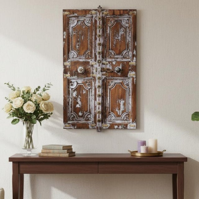 Wood Vintage Lavender Color Patina Carved Teak & Brass Window For Sale - Image 7 of 7