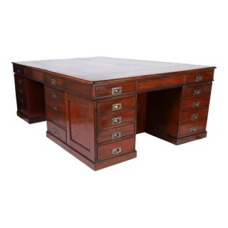 British Colonial Antique Campaign Leather Top Three Person Desk or Workspace For Sale
