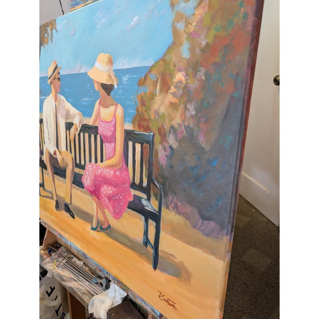 OIl painting of vintage couple sitting on a park bench near the beach.. It appears that it may be a first date or perhaps...