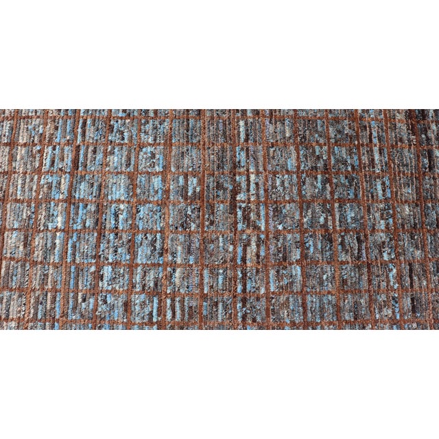 Keivan Woven Arts Modern Runner in Distressed Moroccan Squared Design With Blue For Sale - Image 9 of 11