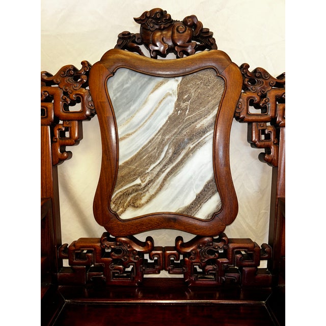 Mid 20th Century Vintage Chinese Carved Rosewood Armchairs With Dali Marble Panels - A Pair For Sale - Image 5 of 11