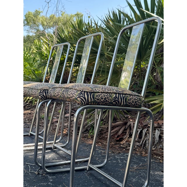 1960s Set of 3 François Arnal for Atelier a Chrome Side Chairs With Custom Animal Print Upholstery For Sale - Image 4 of 12