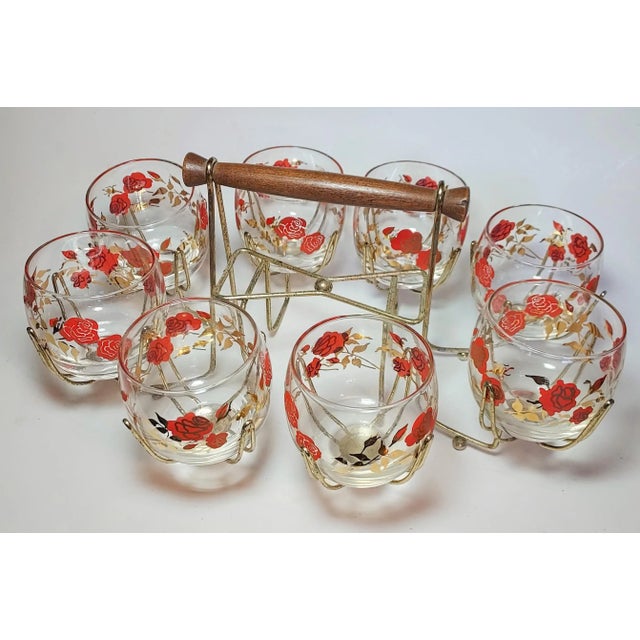 Midcentury Gold & Red Rose Roly Poly Set With Gold & Walnut Carrier- Set of 9 For Sale - Image 4 of 7