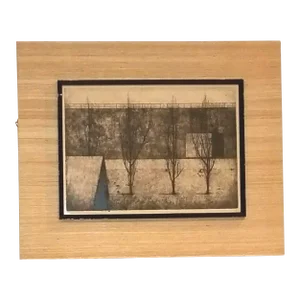 Ryonosuke Fukui Japan Artist Etching and Auquatint; Ink on Paper "Four Trees Against a Wall"