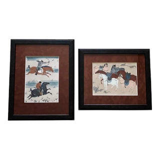 1940s Primitive Tribal Figurative Watercolor Paintings, Framed - Set of 2 For Sale