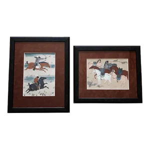 1940s Primitive Tribal Figurative Watercolor Paintings, Framed - Set of 2