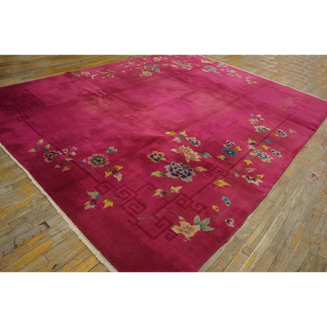 1920s Bright Pink Floral Modern Antique Chinese Deco Rug 8' 10" X 11' 6" Knotted For Sale - Image 4 of 9