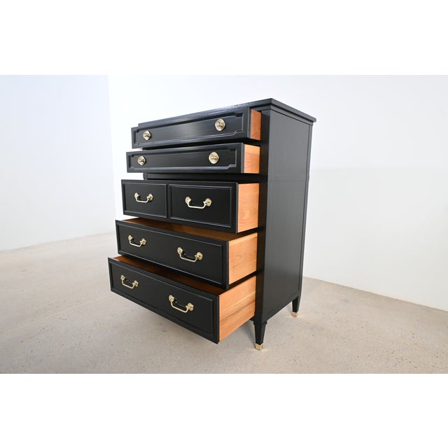 Metal French Louis XVI Style Black Lacquered Highboy With Brass Hardware | Newly Refinished For Sale - Image 7 of 18