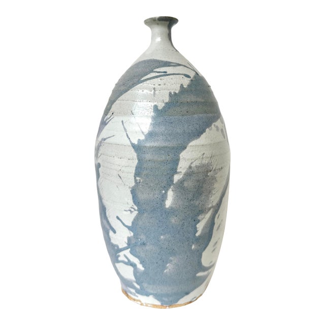 Mid 20th Century Tall Studio Pottery Vase With Painterly Blue Glaze For Sale