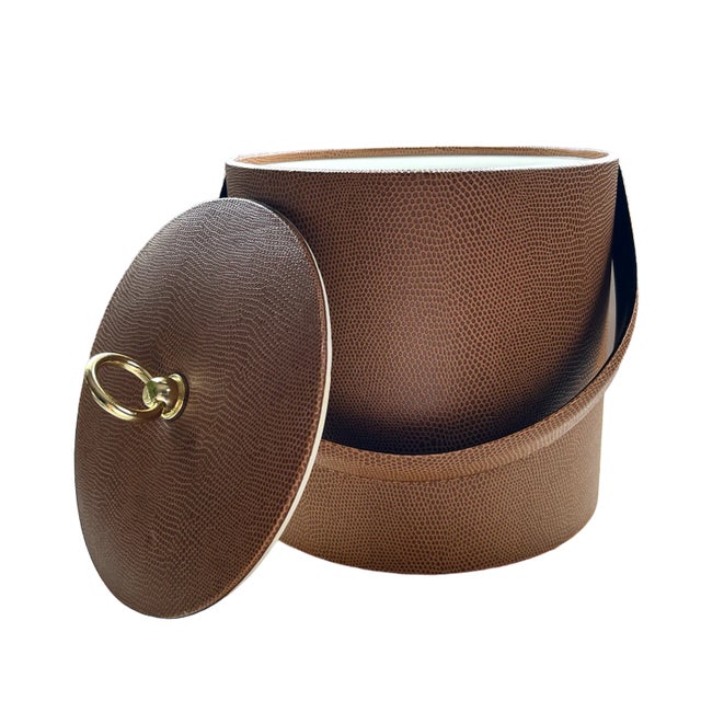 Handsome vintage George Briard brown faux snakeskin ice bucket with gold tone handle in the quiet luxury style of Hermes....