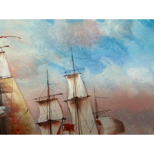 Nautical Vintage Oil Painting Naval Battle Ships Seascape Maritime Nautical Art Framed For Sale - Image 3 of 12