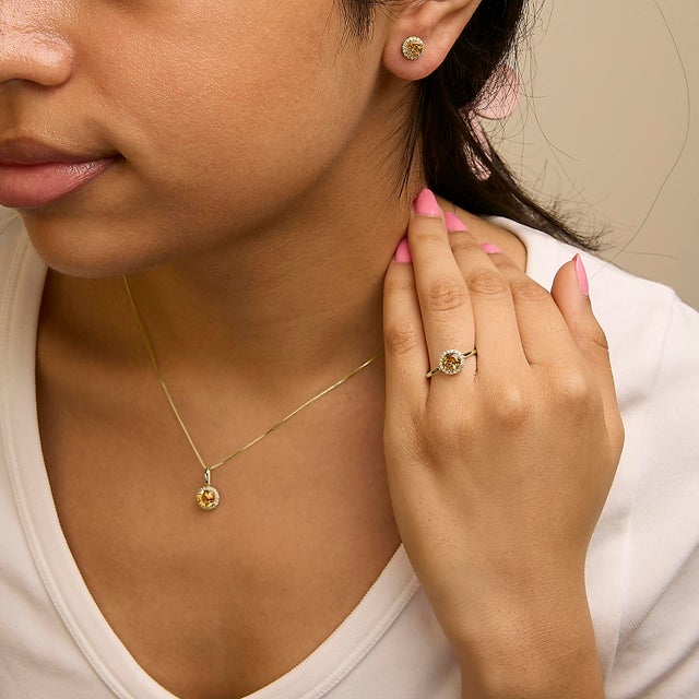 Early 21st Century 10K Yellow Gold Orange Citrine and 3/8 Cttw Diamond Halo Jewelry Set (Earrings, Pendant & Ring) For Sale - Image 5 of 6