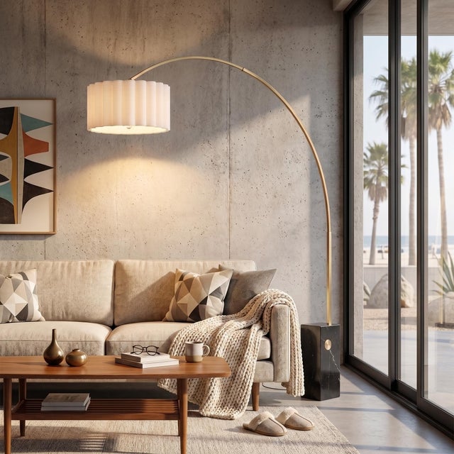Metal Iconic 95" Arc Floor Lamp - Weathered Brass, Black Marble Base, White Linen Shade For Sale - Image 7 of 7