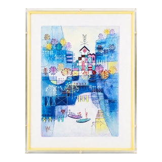 1970s Signed Heshi Yu “Abstract Village” Modernist Painting in Lucite Frame For Sale