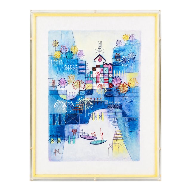1970s Signed Heshi Yu “Abstract Village” Modernist Painting in Lucite Frame For Sale