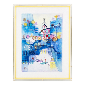 1970s Signed Heshi Yu “Abstract Village” Modernist Painting in Lucite Frame