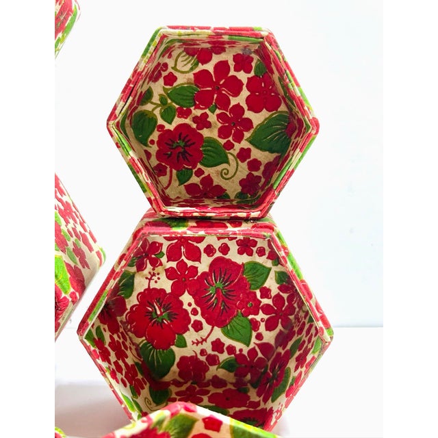 Set of 4, Antique Folk Art Nesting Boxes Covered in Floral Cotton Textile, Early 20th Century For Sale In Louisville - Image 6 of 9