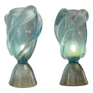 Blue Murano Glass Table Lamps from Barovier & Toso, 1950s, Set of 2 For Sale