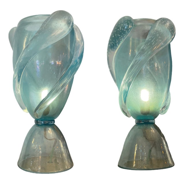 Blue Murano Glass Table Lamps from Barovier & Toso, 1950s, Set of 2 For Sale