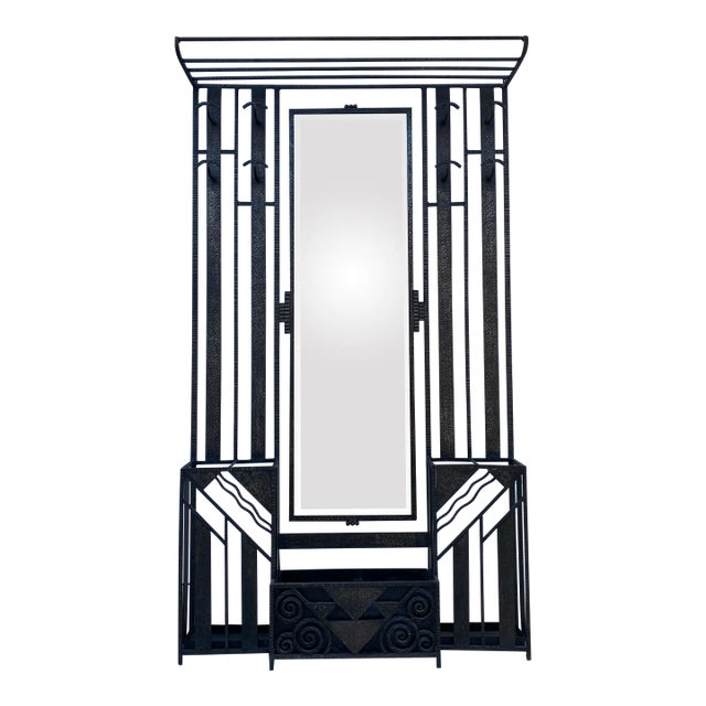 1930s French Art Deco Hammered Iron Coat Rack & Hall Tree With Mirror – Attributed to Edgar Brandt For Sale