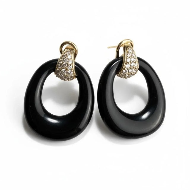14k Yellow Gold Diamond and Carved Onyx Circle and Turquoise Door Knocker 1.5 Inch Earrings, a Pair For Sale - Image 4 of 10