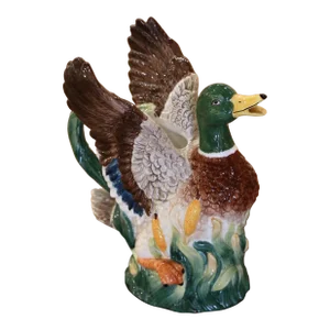Early 20th Century French Painted Barbotine Ceramic Duck Pitcher