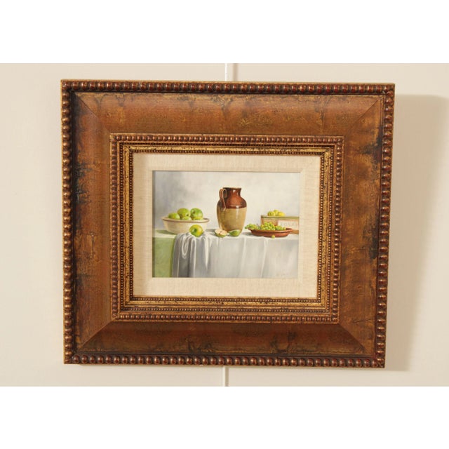High Quality Original Still Life Painting of Pottery and Fruit Tablescape, Oil on Board, Signed on the Lower Right, Custom...