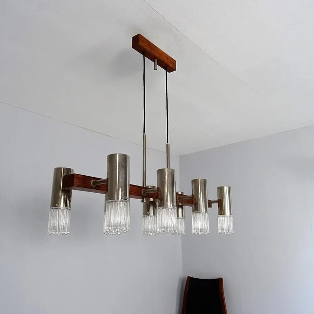 Scandinavian 6-Flame Ceiling Light in Teak and Glass, 1950s For Sale - Image 10 of 11