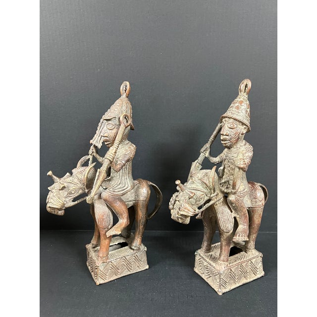 Pair of African Tribal Art Benin Bronze Warrior Figures on Horseback For Sale - Image 12 of 16