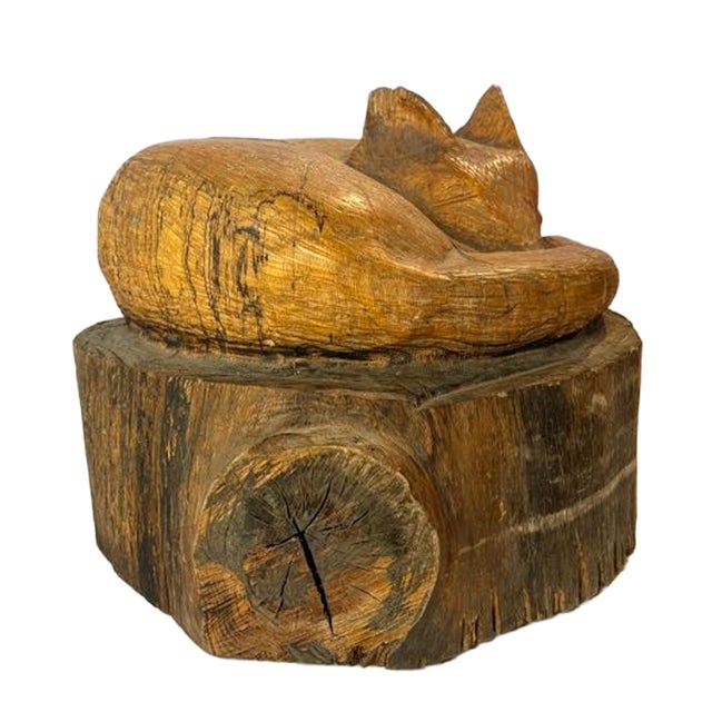 Vintage Hand Carved Sleeping Fox/Cat Log Sculpture For Sale - Image 10 of 11