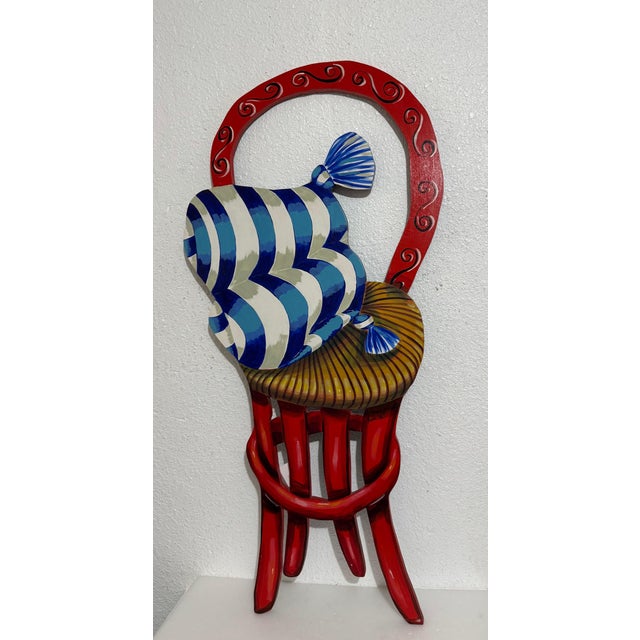 Red Amanda Watt, Pop Art Painting Carved Wall Sculpture Amanda Watt Thatched Chair Vibrant Color, 1996 For Sale - Image 8 of 11