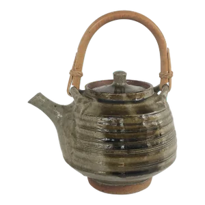 Vintage Signed Asian Stoneware and Cane Tea Kettle