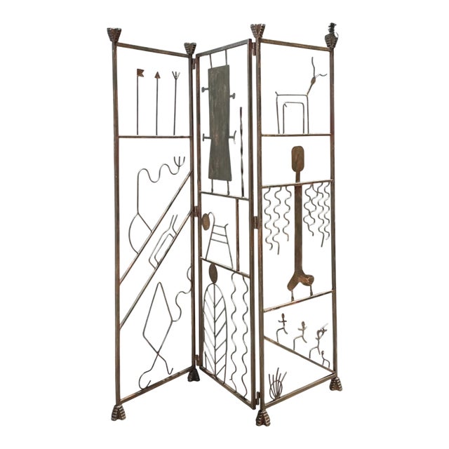 Vintage Iron Abstract Figurative Folding Screen For Sale