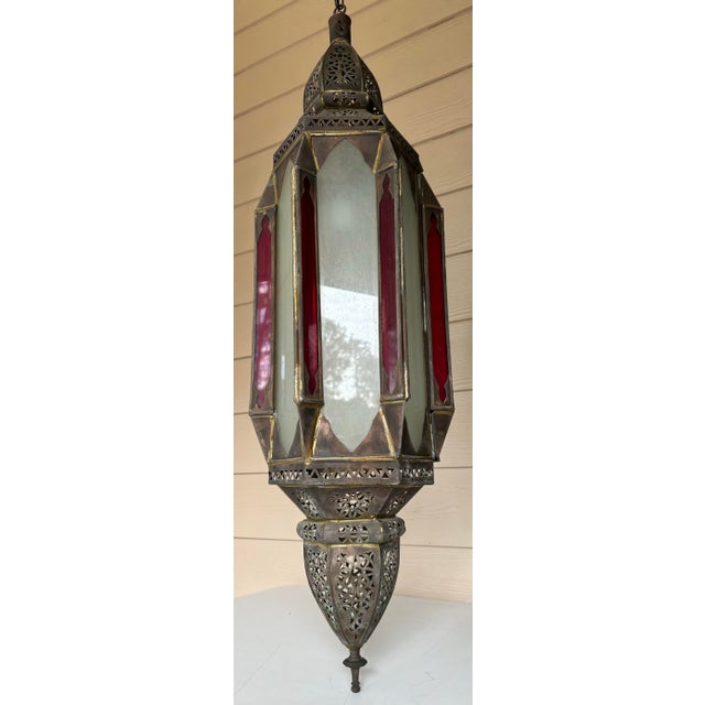 Moroccan Moorish Large Solid Brass Pendant Lantern Light With Red and White Glass For Sale In Charleston - Image 6 of 12