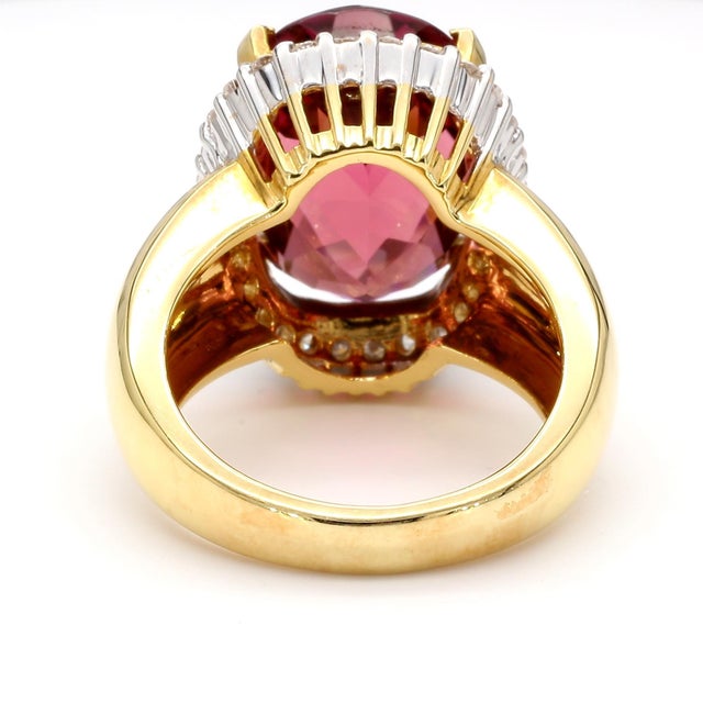 18.75 Carat Cushion Cut Pink Tourmaline & Diamond Halo Set 18k Yellow Gold Ring, Size 8 For Sale - Image 4 of 11