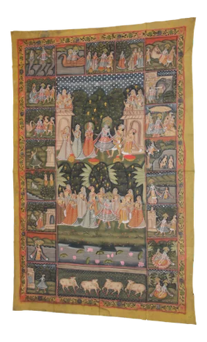Large Colorful Pichhavai Silk Asian Painting with Krishna and Radha