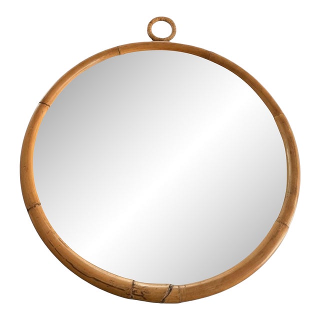 1970s Large Round Bent Rattan Mirror For Sale