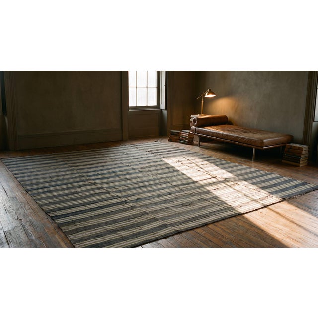 Black 1900s Multibrown Stripe Antique American Rag Rug 12'8" X 14'8" Flatweave Wool Carpet For Sale - Image 8 of 9