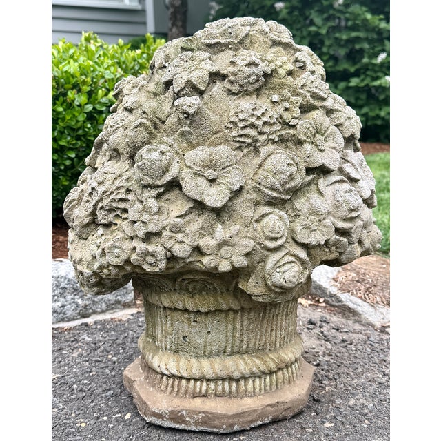 Cast Stone Flower Basket Garden Ornament Sculpture Mid 20th Century For Sale - Image 4 of 18