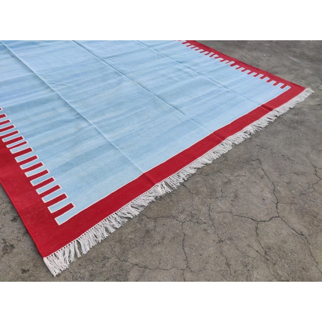 Not Yet Made - Made To Order Handmade Cotton Zig Zag Patterned Rug, Sky Blue and Red Bordered Dhurrie - 12'x15' For Sale - Image 5 of 10