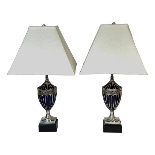 Pair Antique Sheffield Plate & Cobalt Glass Anthemion Motif Urns, Now as Lamps For Sale