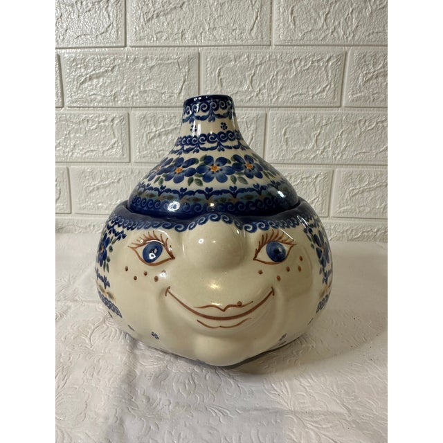 Vena Unikat Polish Pottery Face Jar – Hand-Painted & Signed. Garlic Jar For Sale In Dallas - Image 6 of 9