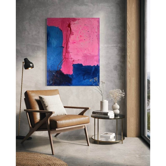 Pink & Blue Composition Original Abstract Colorfield Painting on 46.5” by 36” Un Stretched 20 Oz Canvas For Sale - Image 4 of 7