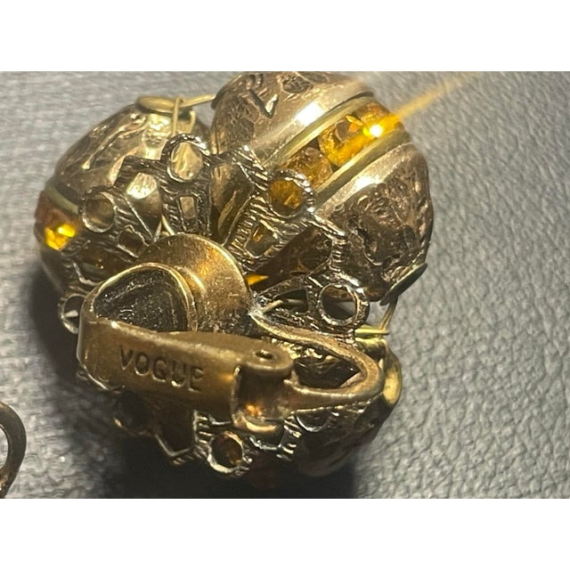 1960s Vogue Retro Mid Century Modern 1960s Pair of Earrings Brutalist Gold Tone With Citrine Ab Crytal, Perfect Condition. For Sale - Image 5 of 6
